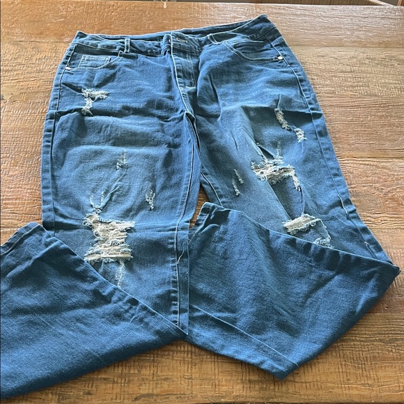 Denim - Casual Distressed Boyfriend Jeans in Deep Blue